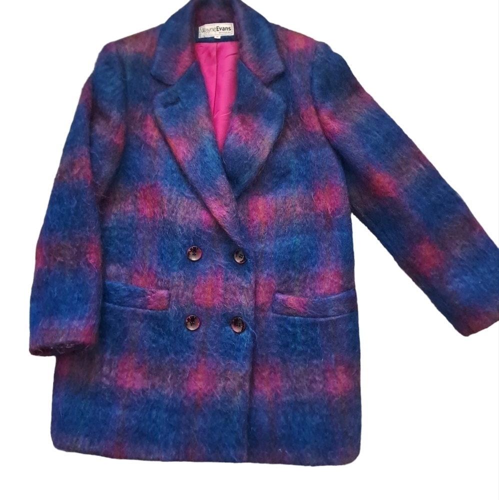 VTG Wayne Evans MOHAIR shag double breasted jacket lined plaid oversize 8 USA